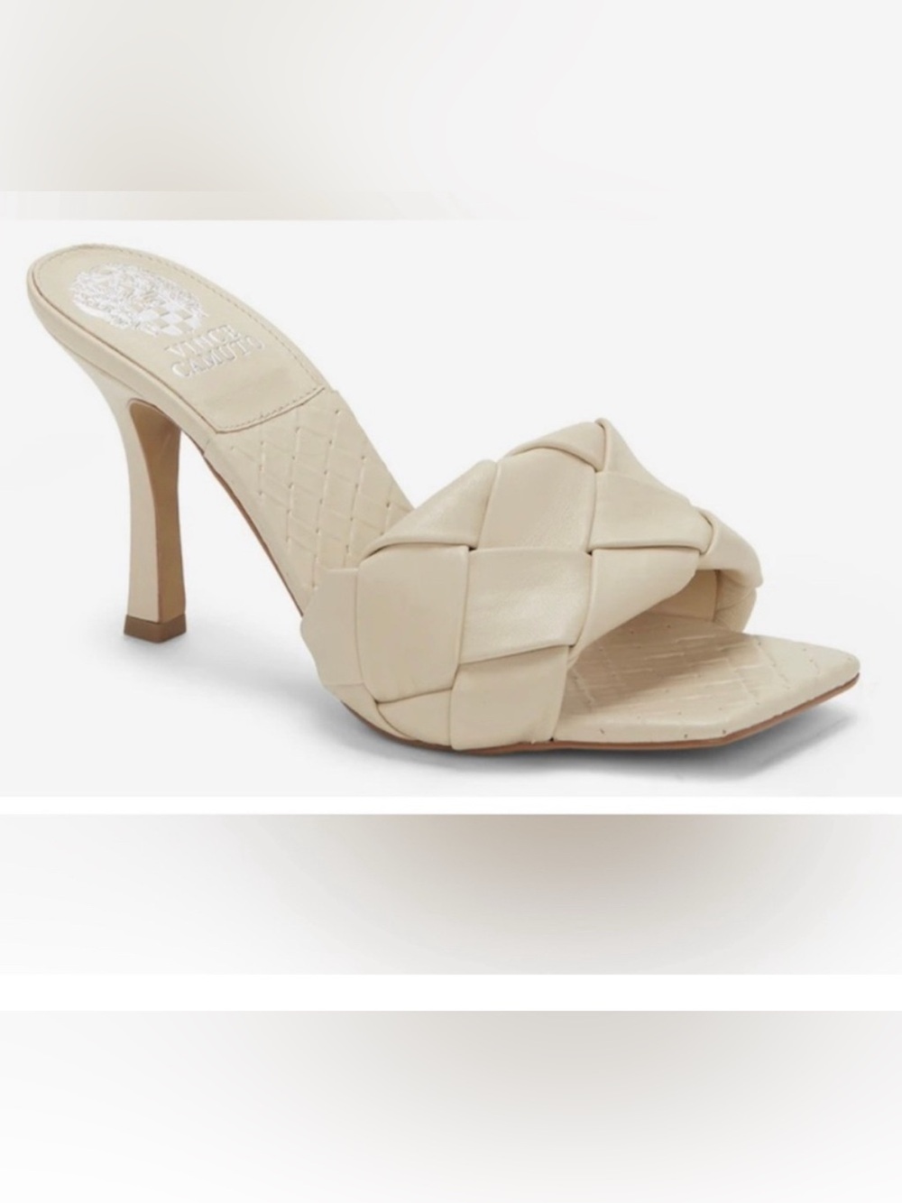 Vince Camuto Brelanie Woven Cream Woven Leather Heeled Slide Sandal